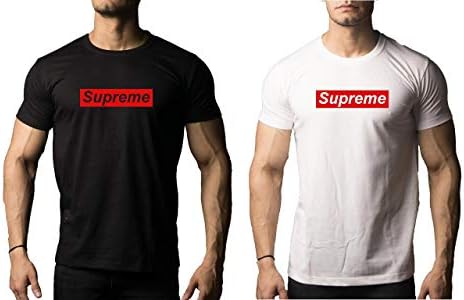 DAB APPARELS Men's Half Sleeve Supreme Round Neck Cotton T-Shirt Black White Combo Pack of 2