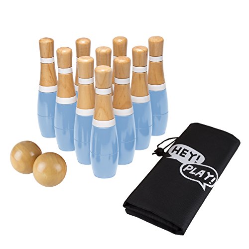 Hey!Play! Lawn Bowling Game/Skittle Ball- Indoor/Outdoor Fun for Kids, Adults -10 Wooden Pins, 2 Balls & Mesh Bag Set, 8 Inch, Blue/White - Thumbnail 6