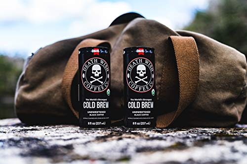 Death Wish Coffee, Cold Brew Cans, The World's Strongest Coffee, Organic Iced Coffee Drink - 8 Ounces - 300 mg of caffeine - 4 Pack (Unsweetened Black)