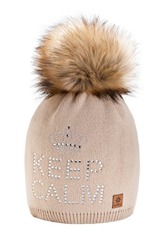 4sold Keep Calm Girls Winter Warm Hat Wool Knitted Beanie Fleece With Large Fur Knit Pom Cap Baggy Crochet Ski Snowboard Hats Bobble One Size Beige