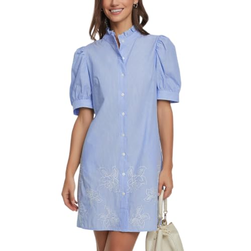 Women's Embroidered Summer Mini Dress Floral Short Puff Sleeves Button Front Beach Party Shift Dress Light Blue at Amazon