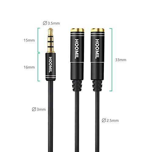 HOOMIL Headphone Splitter 3.5mm Jack Male to 2 Port 3.5mm Female Cable Audio Stereo Y Splitter for Earphone, Headset Splitter Adapter, Compatible for iPhone,Tablet and MP3 Players (Black, 33cm) - Thumbnail 2