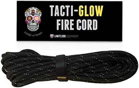 Limitless Equipment Firecord Cordage : MIL-SPEC 550 Paracord with Flammable Tinder core. Unique Tear Resistant Reflective TACTI - Glow Finish. 25 Foot
