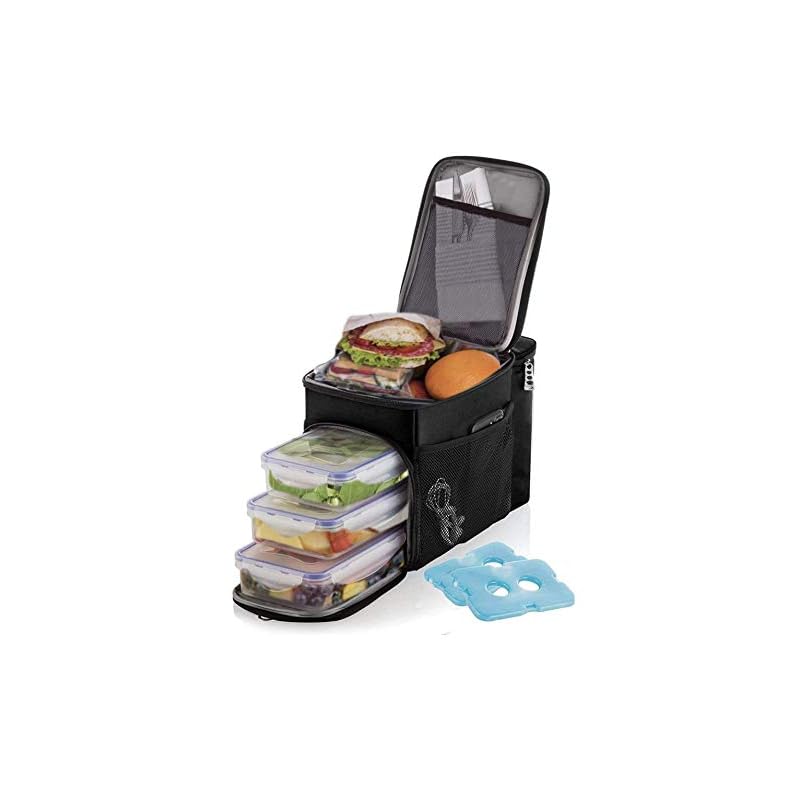 Lunch box For Men Insulated cooler Lunch bag w/ 3 compartment – Includes 3 Meal Prep Containers – Detachable Shoulder…