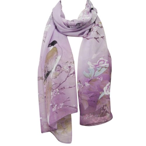 Wrapables Floral Bird Print Polyester and Silk Oblong Scarf, Wisteria