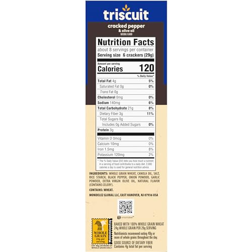 TRISCUIT CRACKED PEPPER & OLIVE OIL WHOLE GRAIN WHEAT CRACKERS, 8.5 OZ