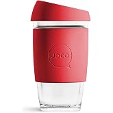 JOCO 16oz Travel Friendly Eco-innovative Borosilicate Reusable Classic Glass Coffee Cups, Microwave Safe Travel Coffee Cup, 100% Plastic Free Thermal Shock Resistant Glass Mug (Red Scarlet)