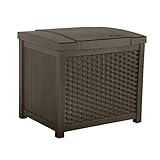 Suncast Small Deck Box Lightweight Resin Indoor/Outdoor Storage Container for Seat Cushions and Gardening Tools Store Items on Patio, Garage, 22 Gallon, Mocha Wicker
