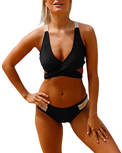 Sidefeel Women Strappy Crisscross Bikini Set 2 Pieces Bathing Suits Small Black