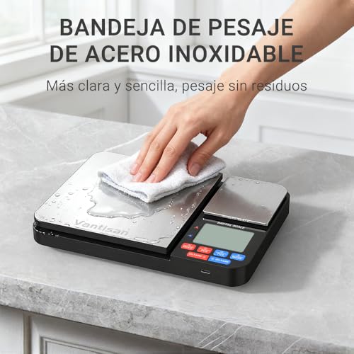 Vantisan Báscula digital de doble plataforma para cocina y alimentos,Báscula para Alimentos 0.3 g/5 kg y 0,03 g/500 g,Utilizable con Carga USB y Batería (incluida),acero inoxidable