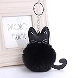 Lavany Pom Pom Key Chains,Cute Cat Keychain Pendant Key Ring Holder Bag Car Key Charm Gift (Black)