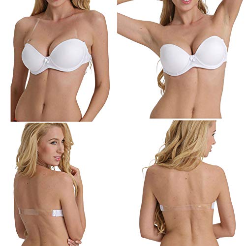 Strapless Bra with Clear Back Invisible Strap Push Up Padded Underwire Backless Halter Bralette 36D, White