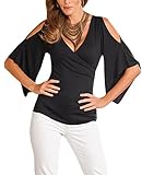 Annflat Women's V Neck Cold Shoulder Trumpet Sleeve Wrap Top T-shirts Large Black