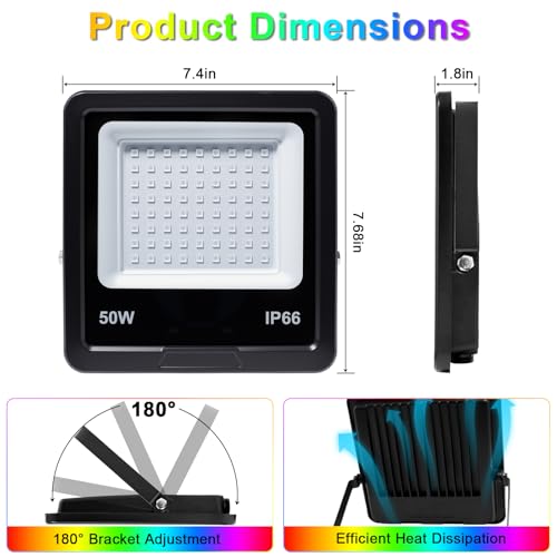 Indmird 2 x LED RGB Outdoor Spotlight 50 W, Outdoor RGB LED Projector with 2.4 G Remote Control and Bluetooth App, IP66 Waterproof Dimmable LED Spotlights Colours for Halloween Christmas Garden Party