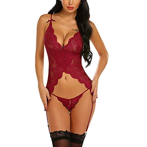 SamMoSonDonna-Body-da-Donna-Sexy-con-Scollo-a-V-in-Pizzo-Biancheria-Intima-Perizoma-con-Reggicalze