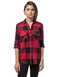 Red Black Plaid Flannel Checked Button Down Dress Shirt Long Sleeve for Women