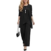 Akivide Women's Chiffon Plus Size 3 Pieces Pant Suits for Wedding 2025 Fall 3/4 Sleeve Cardigan Sleeveless Top Wide Leg Pants