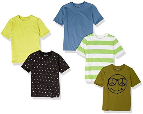 Amazon Essentials Toddler Boys' Short-Sleeve T-Shirts, Pack of 5, Black Cactus/Blue/Green Stripe/Neon/Olive, 3T