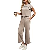 TMEOG Womens Two Piece Sets Summer Outfits Matching Lounge Sets Vacation Travel Outfits Casual Tops Wide Leg Pants Sets