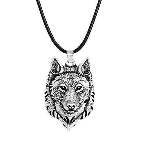 Seraphis Winter Wolf Head Pendant Norse Necklace Vikings Animal Fantasy Jewelry PU Leather Chain