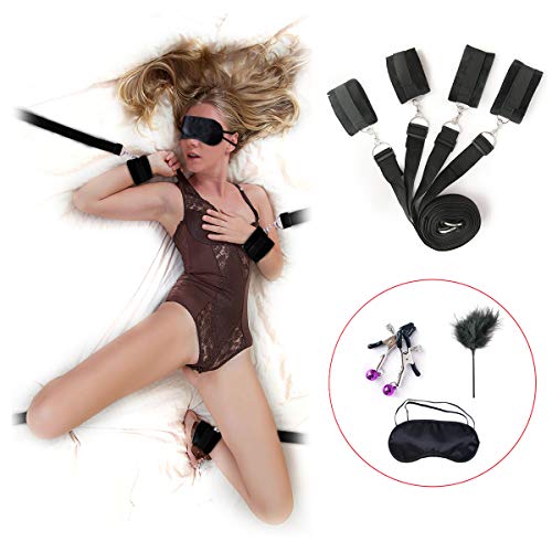 Bed Bondage Restraints Kit Sex Toys for Sex Games Under Mattress Fetish Adjustable Bed Restraints Set SM for Couples Adult Beginner Handcuffs Nipple Clamps Clips Blindfold Feather Teaser