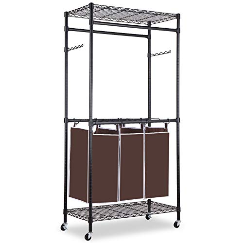 alvorog Garment Rack Rolling Laundry Sorter Cart Heavy-Duty Sorting Hamper Commercial Grade Clothes Rack with 2 Hanging Rod Adjustable Height Shelves 3 Removable Bags for Laundry Room, Black