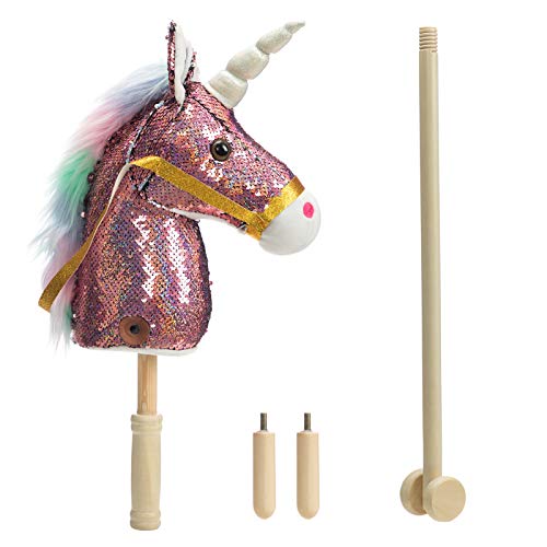 HollyHOME Sequin Unicorn Stick Horse with Wood Wheels Real Pony