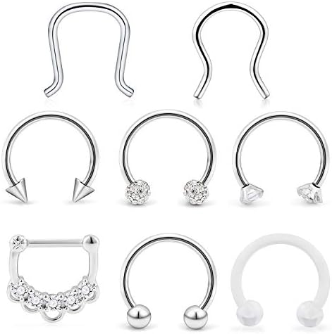 HoeudjoSeptum Clicker Rings 16G Surgical Steel Nose Hoop Rings Retainer Body Piercing Jewelry with Clear CZ Women Men U & D Shaped Daith Helix Tragus Lip Cartilage Earrings 8 Pieces