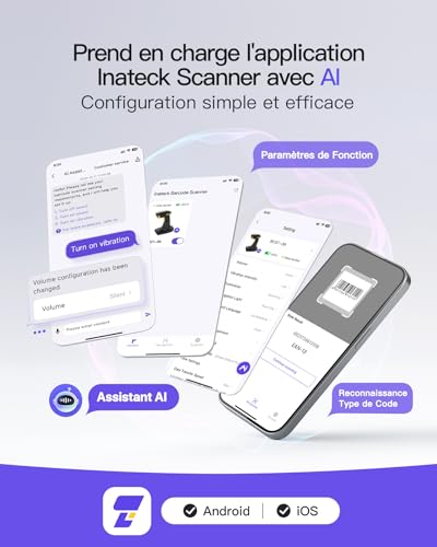 Inateck Bluetooth 2D Barcode Scanner, 2D Wireless QR Code Scanner with 2600mAh Battery and Smart Charging Base, Portable Scanner Support AI, APP, SDK, BCST-36
