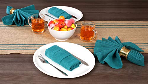 Ramanta Home 2-Pack Rustic Farmhouse Stripe Burlap Jute Table Runners 14x90 Natural with Teal Stripe