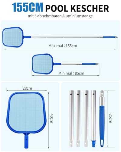 MRUN BONE Pool Landing Net 155 cm Pool Landing Net Fine Mesh Net for Pool, Swimming Pool, Pond, Above Ground Pool, Paddling Pool, Algae, Inflatable Pool