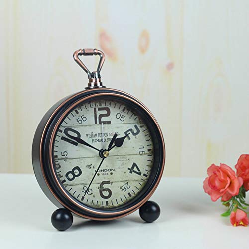 Justup Retro Table Clock, Non-Ticking Beside Table Desk Alarm Clock Vintage European Style Desk Shelf Mantle Clock Silent Metal Battery Operated Kids Bedroom Living Room (A)