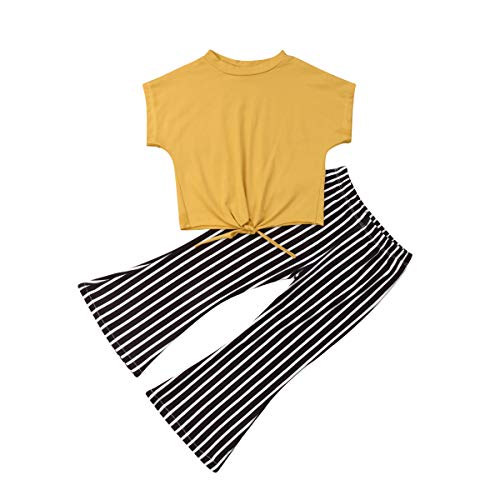 Toddler Baby Girl Striped Bell Bottom Outfit Yellow Crop Top Shirt+Flare Wide Long Pants Summer Clothes Set - Thumbnail 6