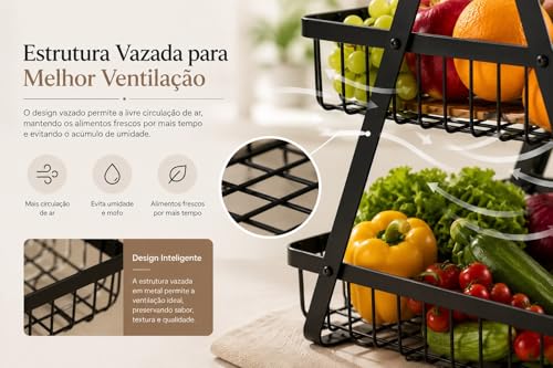 Fruteira Cesto de Mesa 2 Andares em Metal Preto com Alça de Madeira – Organizador de Frutas, Legumes e Mantimentos para Cozinha