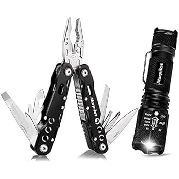 Multitool 14 In 1 Multi Tool Folding Plier Knives Stainless Steel Pocket Pliers Tool Kit With 5 Light Modes Led Tactical Flashlight For Survival