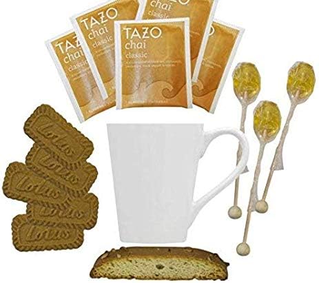 Hot Tea Gift Set in Mug Featuring Tazo Herbal Tea Bags, Honey Stix, Nonni's Biscotti, and Biscoff Lotus Cookies Women Food Gift (White Mug)