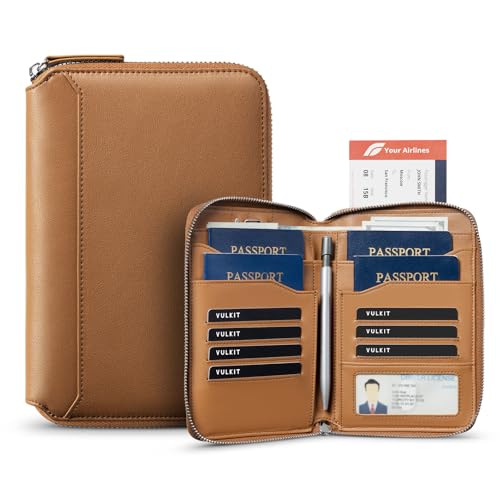 VULKIT Leather Family Passport Holder for 4-6 Passports, Premium Document Organizer Case, Large Travel Wallet for Couples and Families.