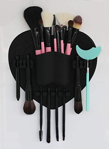 LORMAY Makeup Brush Organizer + Makeup Brush Cleaning Mat, Storage Container of Makeup Tools and Personal Care Accessories-Makeup Drying Brush Holder Bathroom Cosmetic Organizer (Black)