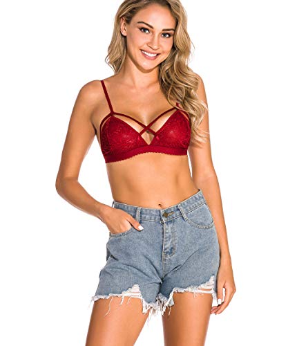 Buitifo Women Lace Bra Sexy Bralette Strappy Soft Bustier Lingerie (L, Red 2) - Thumbnail 3