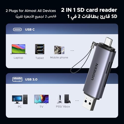 UGREEN SD Card Reader USB 3.0/USB C OTG Dual Slot Memory Card Adapter for iPhone 17 Series,MacBook Pro, M1 M2 Mac Air, iPad, Surface, Dell XPS, Samsung, Huawei