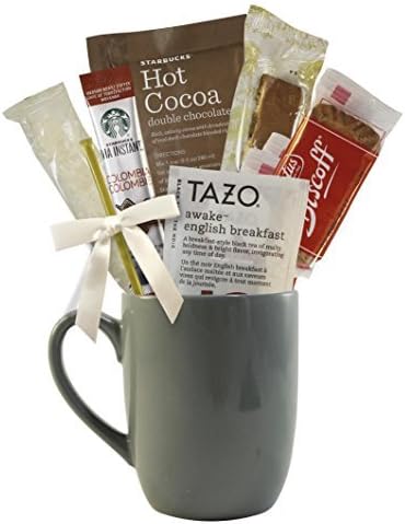Starbucks Coffee Hot Cocoa and Tea Boxed Set Featuring Starbucks Via Coffee, Starbucks Hot Cocoa, Tazo Tea, Nonni's Biscotti, Biscoff Cookies, Honey Stix, Sugar Crystal Stirrer, and Mug (Grey Mug)