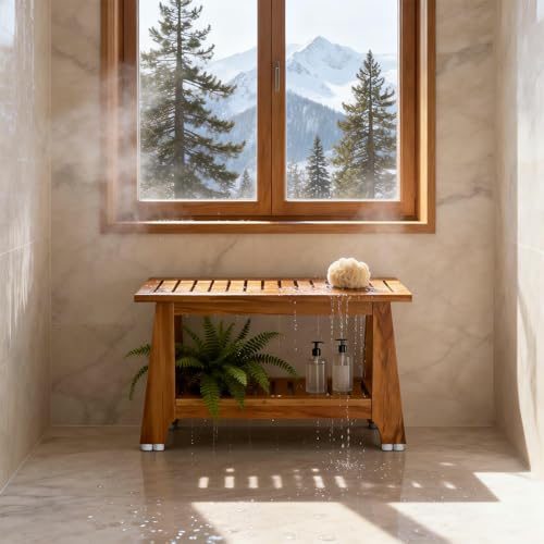 NNN 30" Commercial Teak Shower Bench - 8 Non-Slip Leveling Feet & 350 lbs Capacity | Rock-Solid Stability for Seniors & Spa Safety | Waterproof Design for Saunas/Outdoor Pools (Patented)