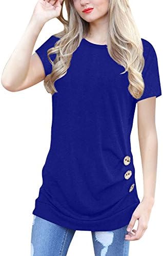 IVVIC Short Sleeve Shirts for Women O-Neck Patchwork Casual Loose Blouse Button Side Tunic Tops 4Blue-XXL