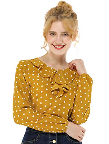 Allegra K Women's Ruffle Neck Long Sleeve Vintage Polka Dots Tunics Blouse Shirt XS Yellow