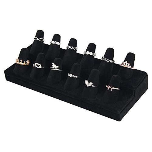 BOCAR Black Velvet 12 Finger Ring Display Showcase Organizer Holder Jewelry Storage Counter (JZZ-12)