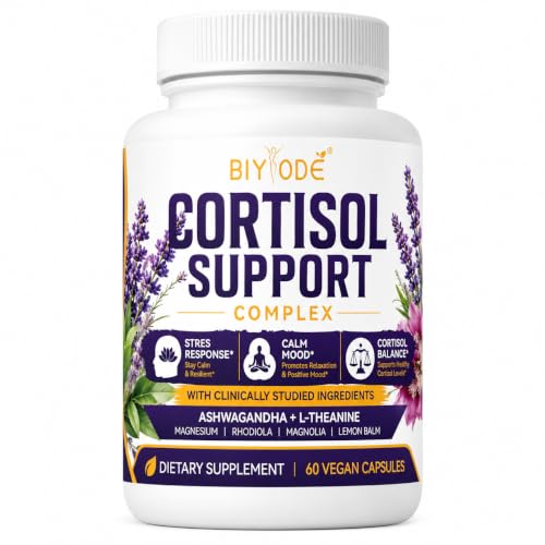 BIYODE Cortisol Support Complex Ashwagandha L Theanine Magnesium Rhodiola Lemon Balm Supplement for Stress Response Calm Mood Relaxation 60 Vegan Capsules at Amazon