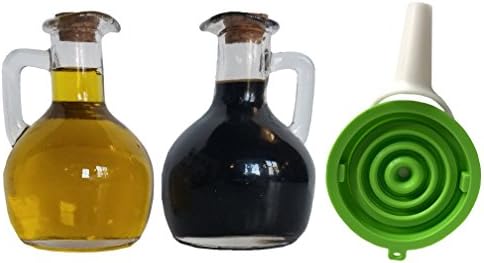 Olive Oil Dispenser by Signature Kitchen | Thick 8 Ounce Glass Holder For Olive Oil and Vinegar – Oil Container W/ Silicone Collapsible Funnel For Easy Refilling &amp; Storage