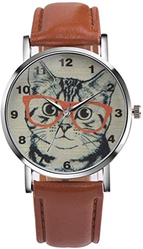 Unisex Scholar Cat Pattern Leather Band Analog