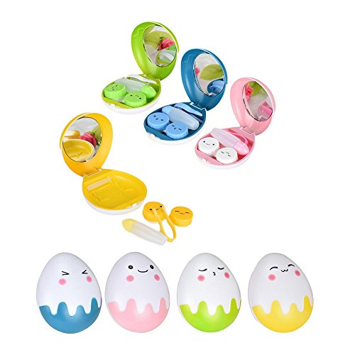 Travel Contact Lens Cases, Contact Lenses Solution Travel Size Holder with Mirror, Cute Egg Contacts Lens Tweezers Container Kit Mini Box for Contact Lens Care
