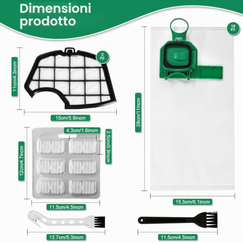 15 Bags Kobold vk140 vk150, with 2 Filters + 2 Brushes + 6 Scented Discs, Accessory Set Kobold vk140, Easy Installation, Anti-Allergic
